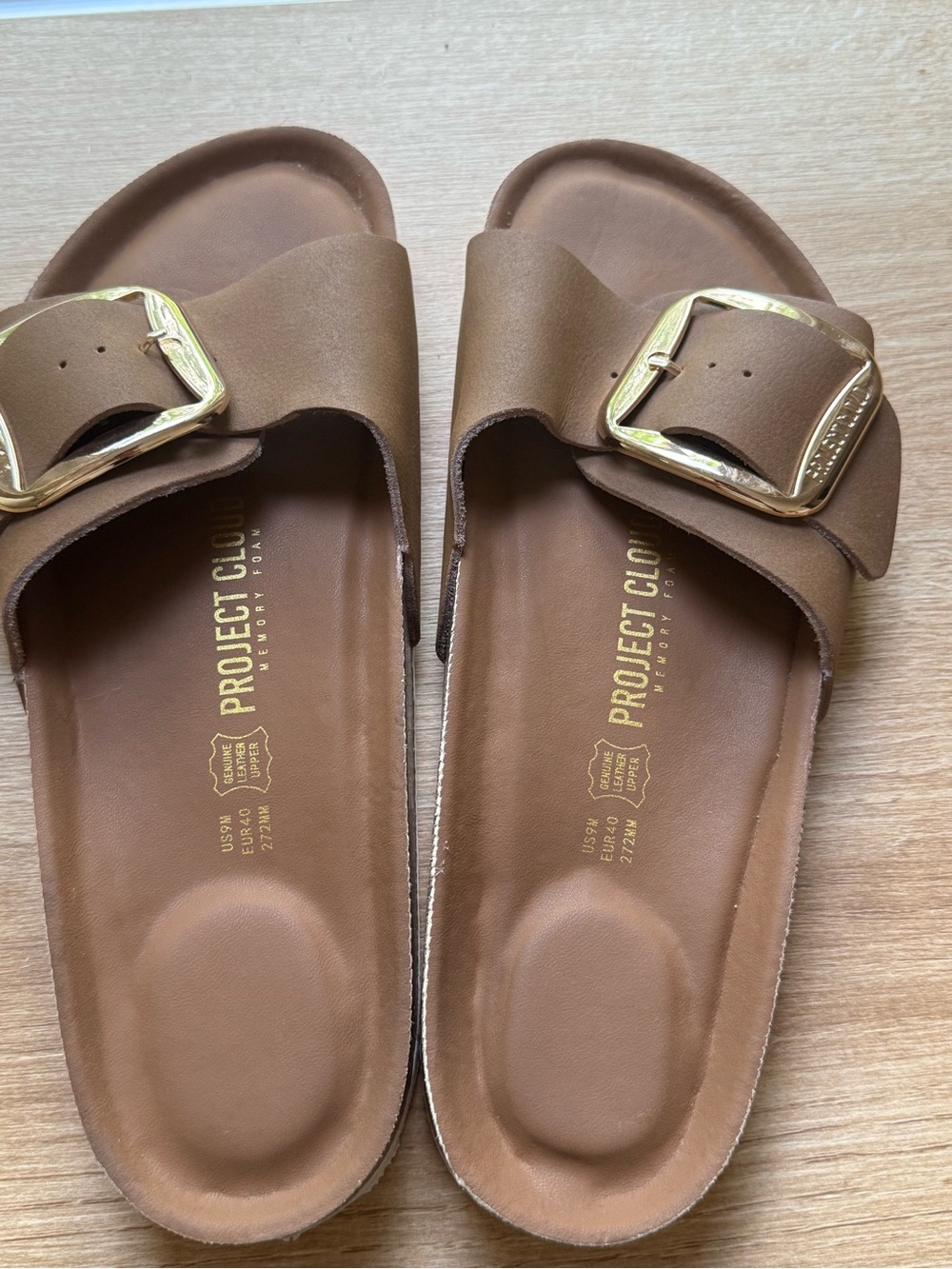 Project Cloud Brown Slide Sandals with Gold Buckle - Picture 2 of 3